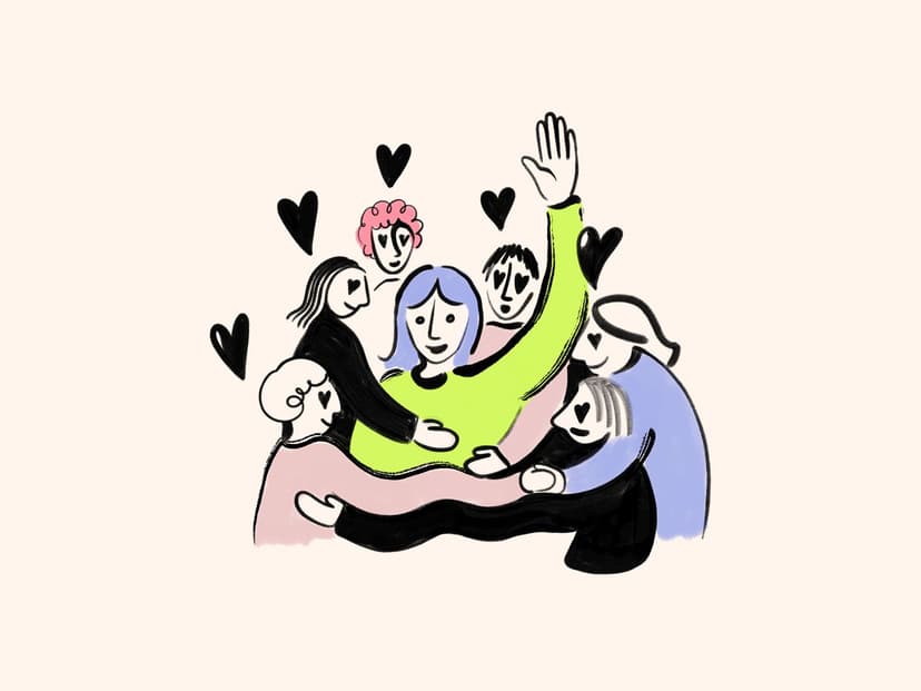 Illustration av en glad person som blir omfamnad av flera andra glada personer